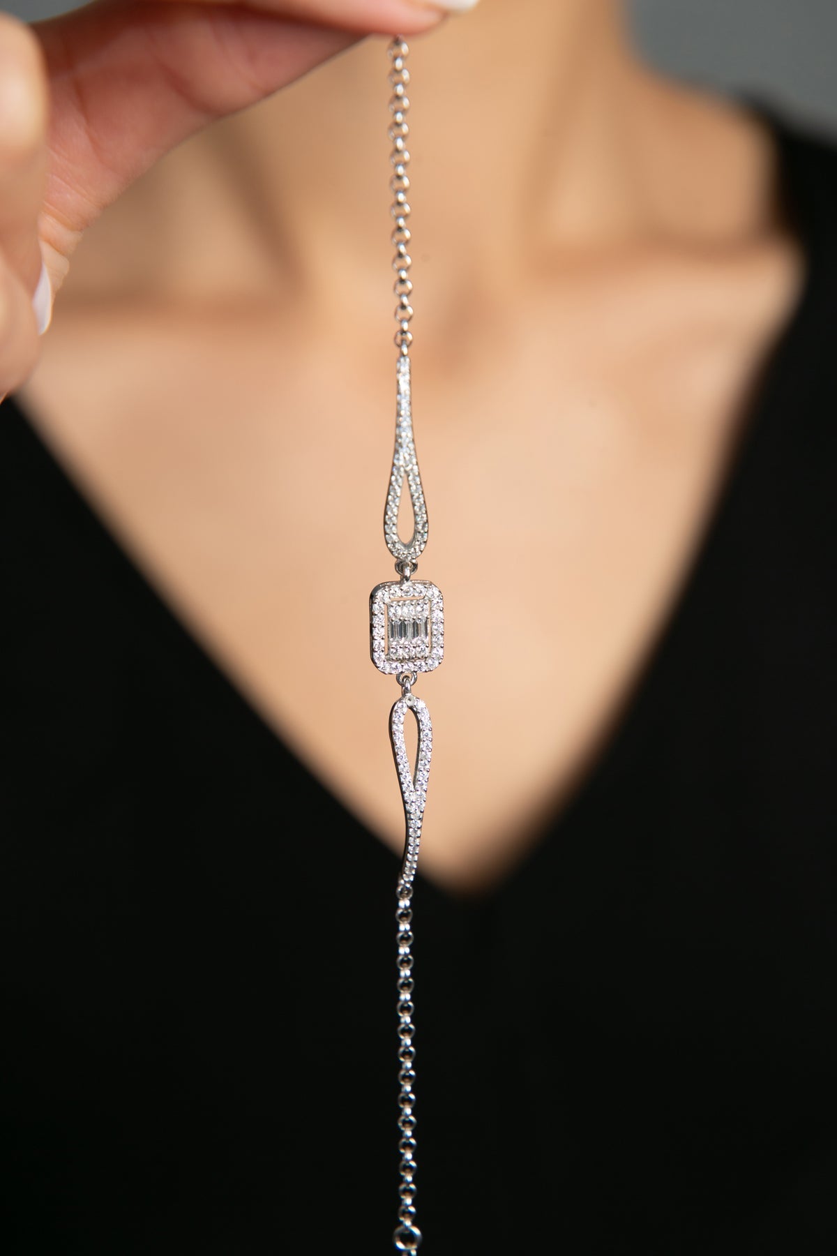 Wholesale Women's 925 Sterling Silver Rhodium-Plated Zircon Baguette Bracelet