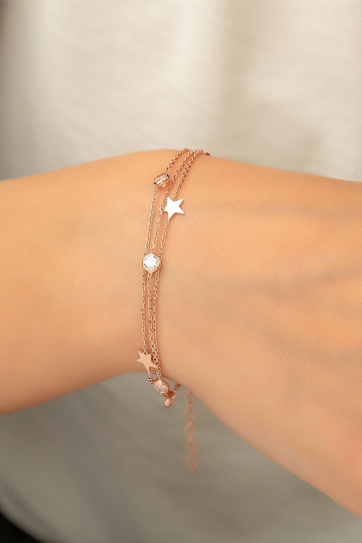 Bracelet en argent sterling 925 plaqué or rose pour femme, avec détail étoile en zircon, vente en gros