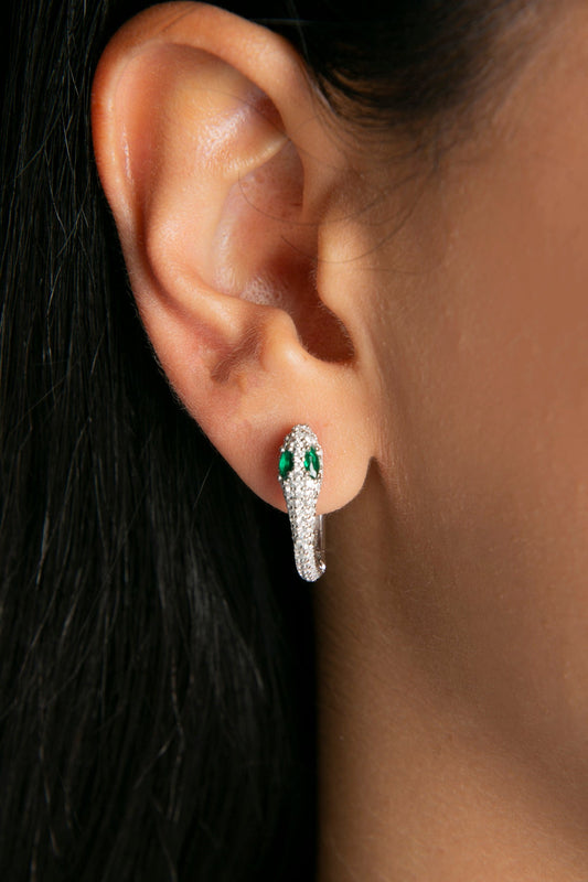 Wholesale Women's Green Stone Detailed Snake Model 925 Sterling Silver Earrings