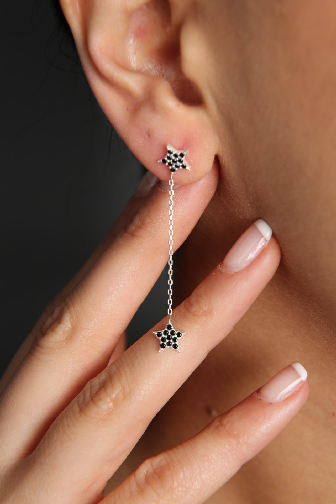 Wholesale Women's 925 Sterling Silver Dangle Star Earrings with Black Stones