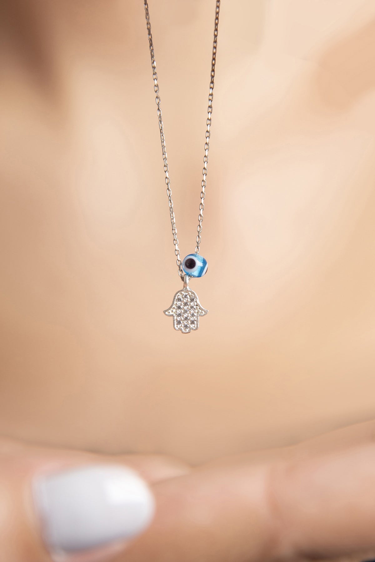 Wholesale Women's Mini Hamsa and Evil Eye Bead Model 925 Sterling Silver Necklace