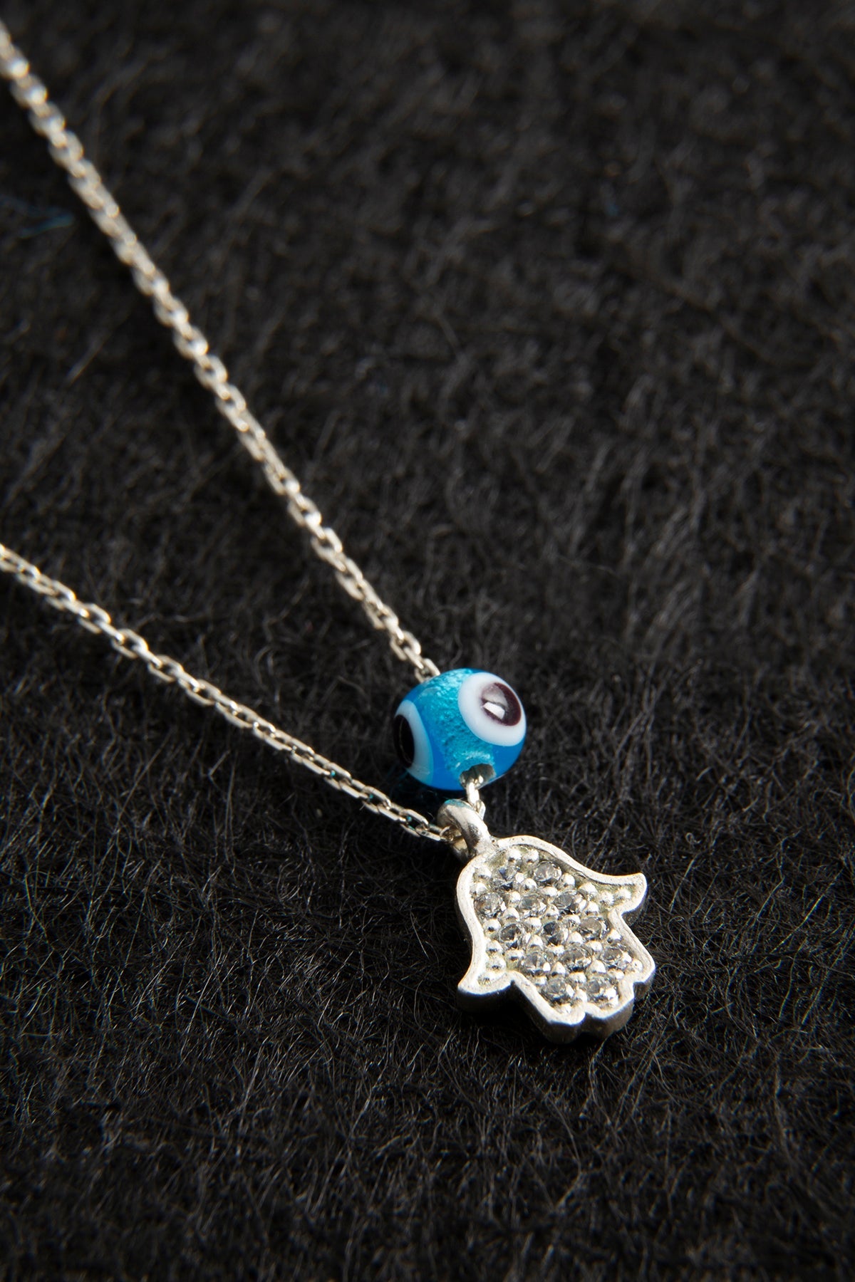 Wholesale Women's Mini Hamsa and Evil Eye Bead Model 925 Sterling Silver Necklace