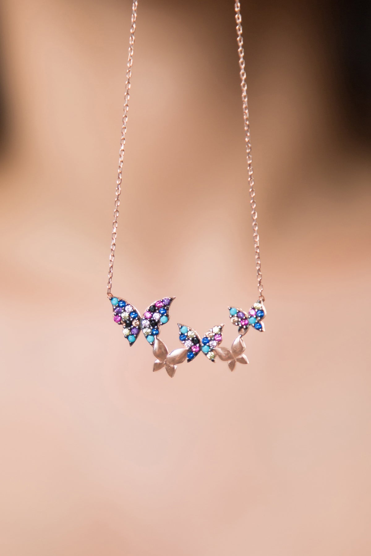 Wholesale Women's Rose Gold Plated 925 Sterling Silver Butterfly Necklace