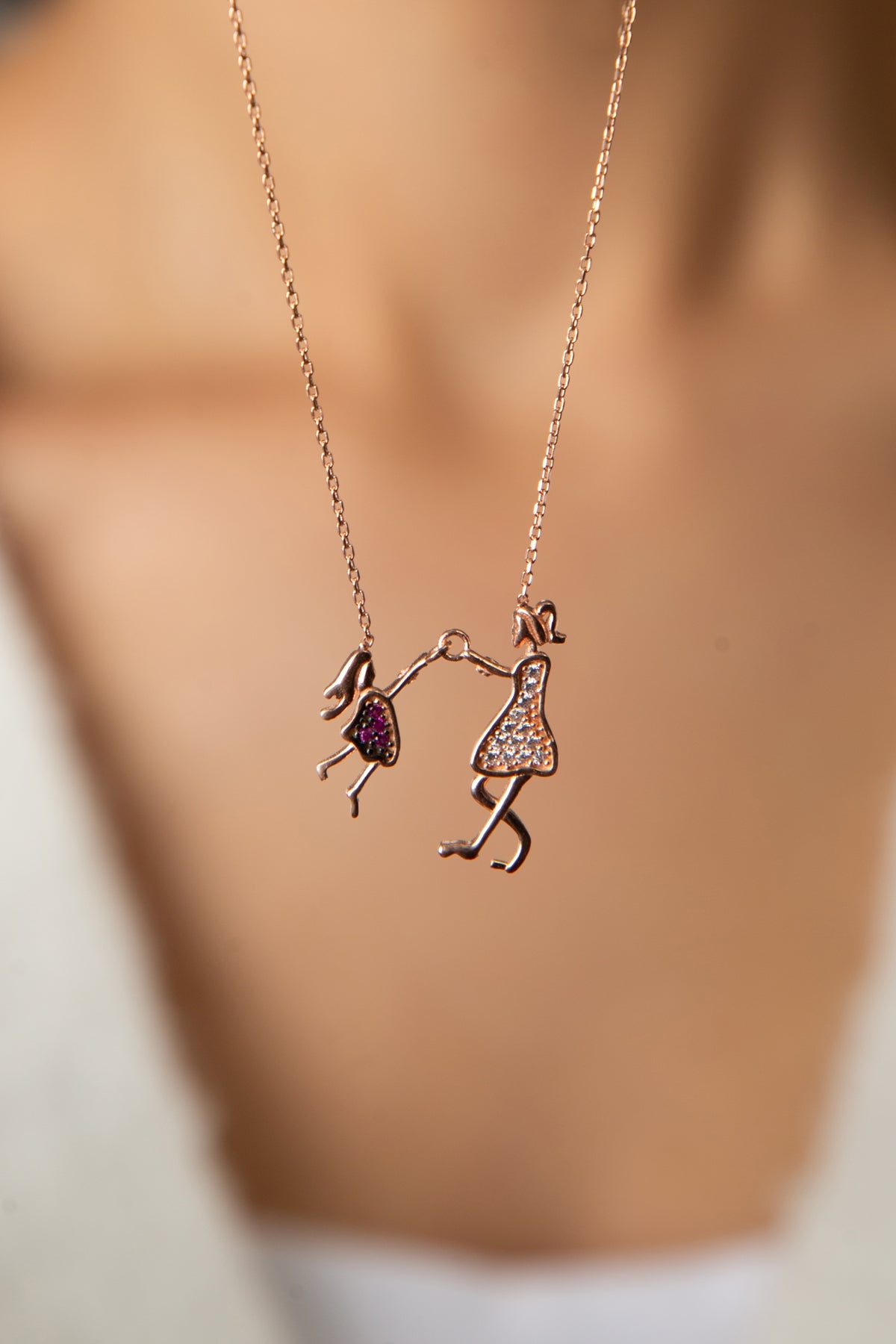 Collier mère et enfant en argent sterling 925 plaqué rose, vente en gros