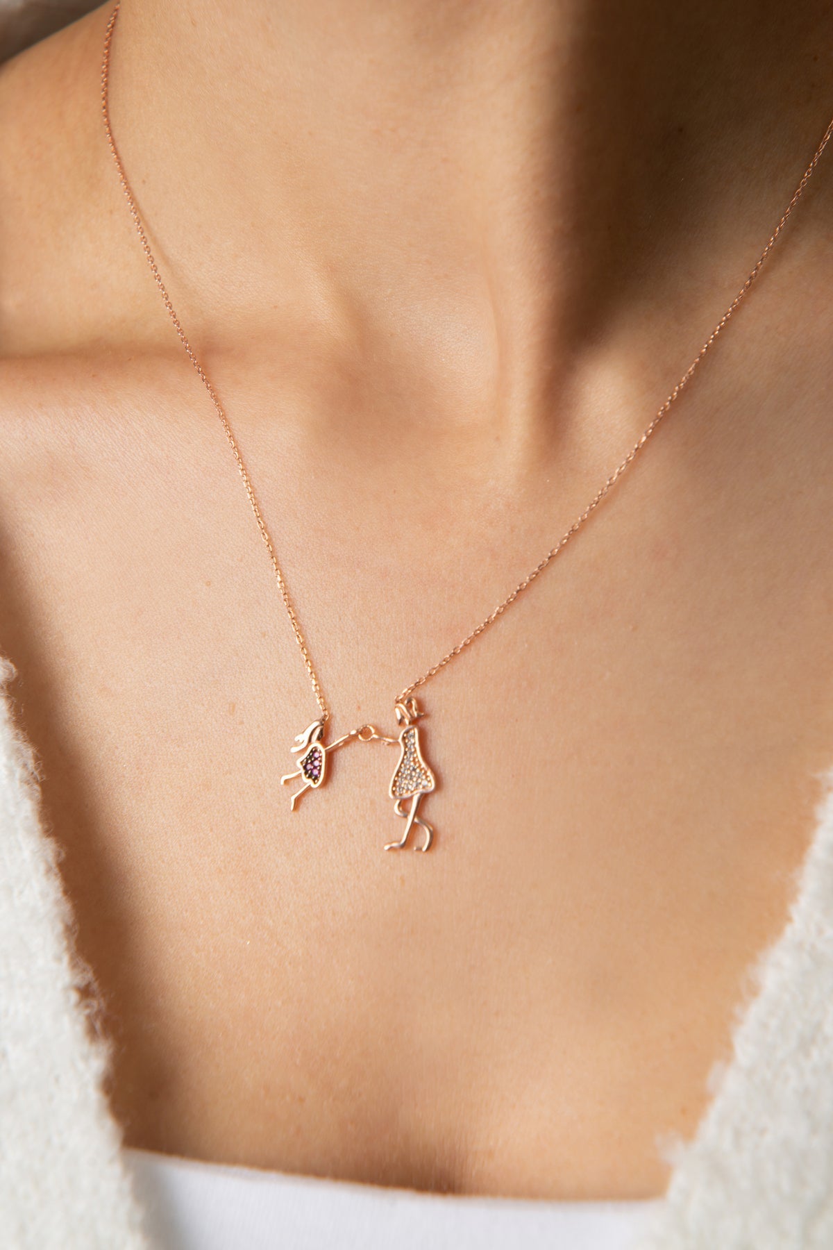 Collier mère et enfant en argent sterling 925 plaqué rose, vente en gros